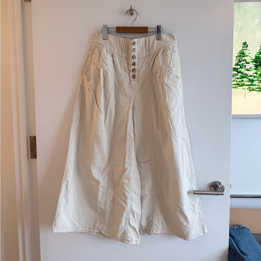 We The Free Blossom Wide-Leg Cream Pants with Button Detail